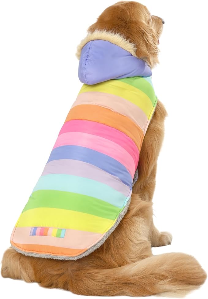 HDE Dog Puffer Jacket Fleece Lined Warm Dog Parka Winter Coat with Harness Hole Pastel Rainbow - XL