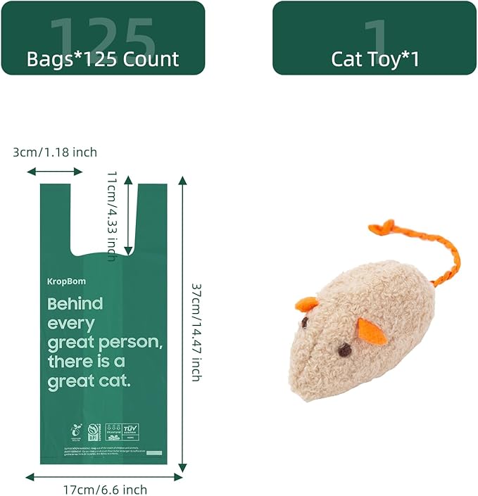 125 Count Cat Poop Bags with Handle, 100% Compostable & Biodegradable for Kitty Dog Pet Waste, Cornstarch-Based Disposable Litter Trash Bag, Extra-Thick, Leak Proof, Easy to Tie, Unscented