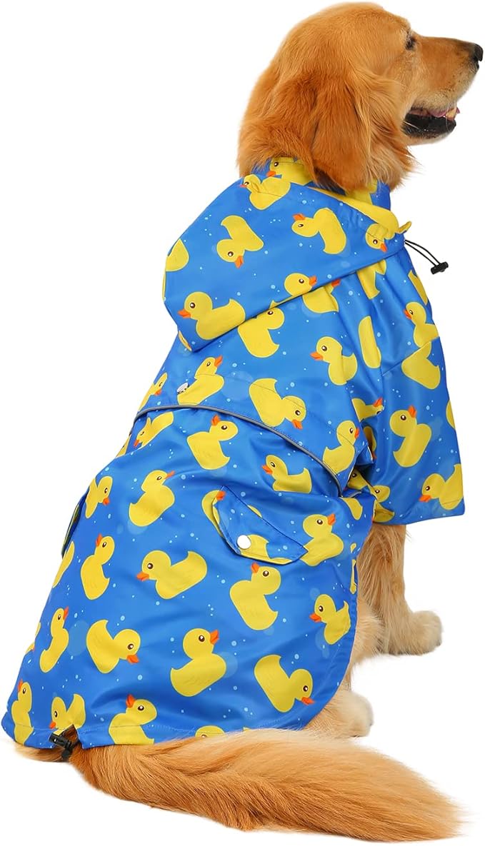 HDE Dog Raincoat Poncho Double Layer Zip Rain Jacket with Removable Hood, Leash Hole for Small to 3XL Dogs and Puppies Ducks Blue - 3XL