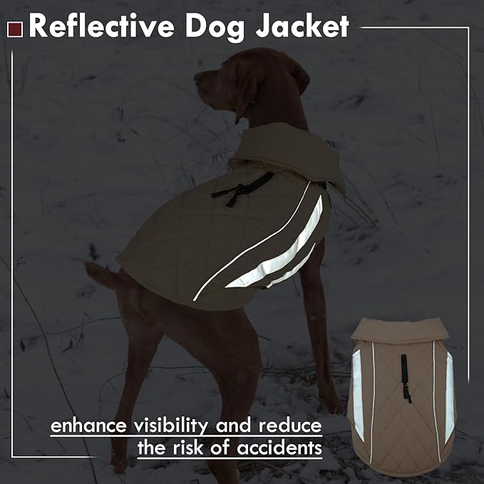 Dog Coat for Large Dogs Winter Waterproof Dog Jacket with Harness Reflective Turtleneck Hook & Loop Snowsuit Warm Fleece Snow Jackets Thermal Cold Weather Coats, Khaki 3XL