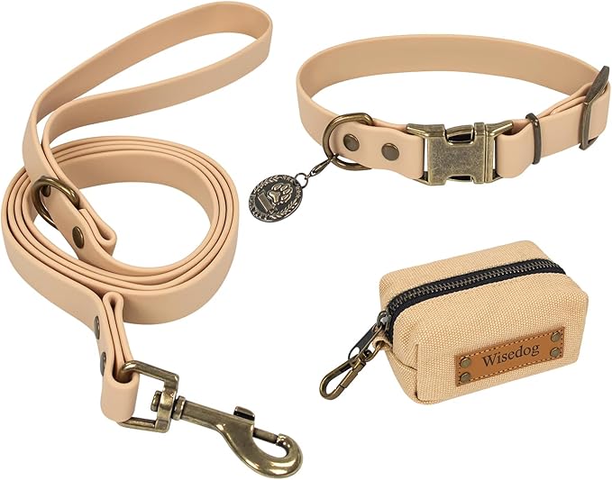 Wisedog Dog Collar and Leash Set, Waterproof Adjustable Puppy Collars with Cute Tag 6FT Dog Leash with Poop Bag for Small Medium Large Dogs (L, Sand Color)