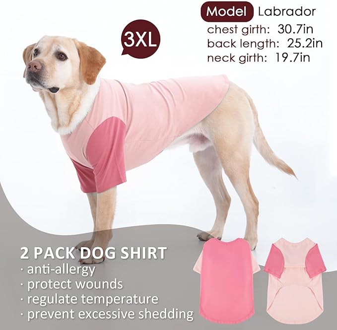 2 Pack Dog Shirt for Large Dogs XXL - Soft Breathable Cotton Tees, Freedom of Movement Prevents Overheating Clothes for Border Collie, Pitbull, Boxer,Sleep, Hiking, Play, Casual Wear, Pink