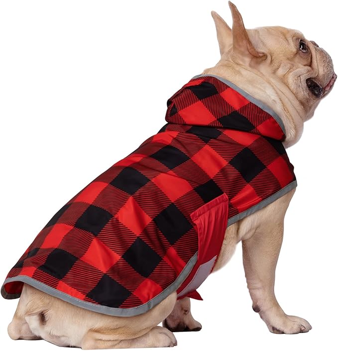 HDE Reversible Dog Raincoat Hooded Slicker Poncho Rain Coat Jacket for Small Medium Large Dogs Buffalo Plaid Red - M