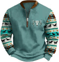 HOTYD Aztec Cowboy Jacket Men Vintage Bullhorn Printed Oversized Western Sweatshirt Long Sleeve Quarter Zip Pullover
