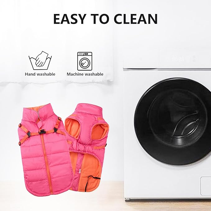 Geyecete Winter Warm Coat Waterproof Dog Winter Jacket with Harness Traction Belt,Windproof Pet Outdoor Jacket-Pink-L