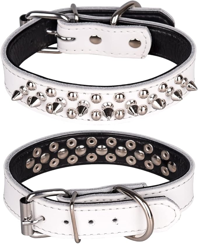 Adjustable Genuine Leather Spiked Studded Dog Collars for Small Medium Large Pets Like Pit Bull Bulldog Pugs Husky (L, White)