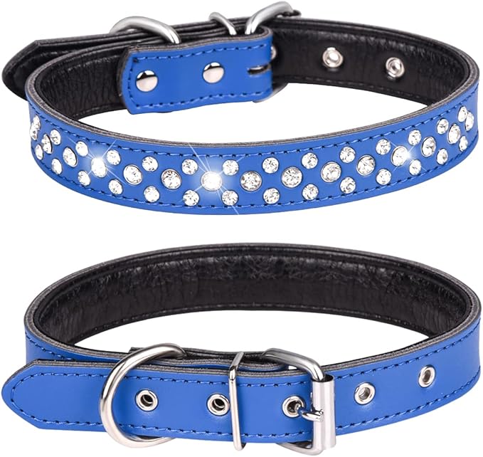 Rhinestones Dog Collar, Adjustable Sparkly Crystal Studded Genuine Leather Pet Dog Collar for Small and Medium Dogs (L, Dark Blue)