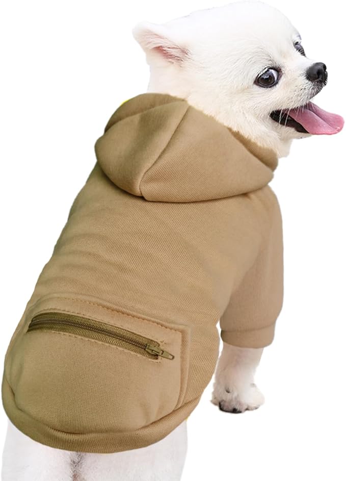 Jecikelon Pet Dog Cold Weather Coat with Pocket Winter Dog Hoodie Warm Puppy Clothes for Small Dogs Chihuahua Clothing (Khaki, Medium)