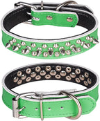 Adjustable Genuine Leather Spiked Studded Dog Collars for Small Medium Large Pets Like Pit Bull Bulldog Pugs Husky (L, Green)