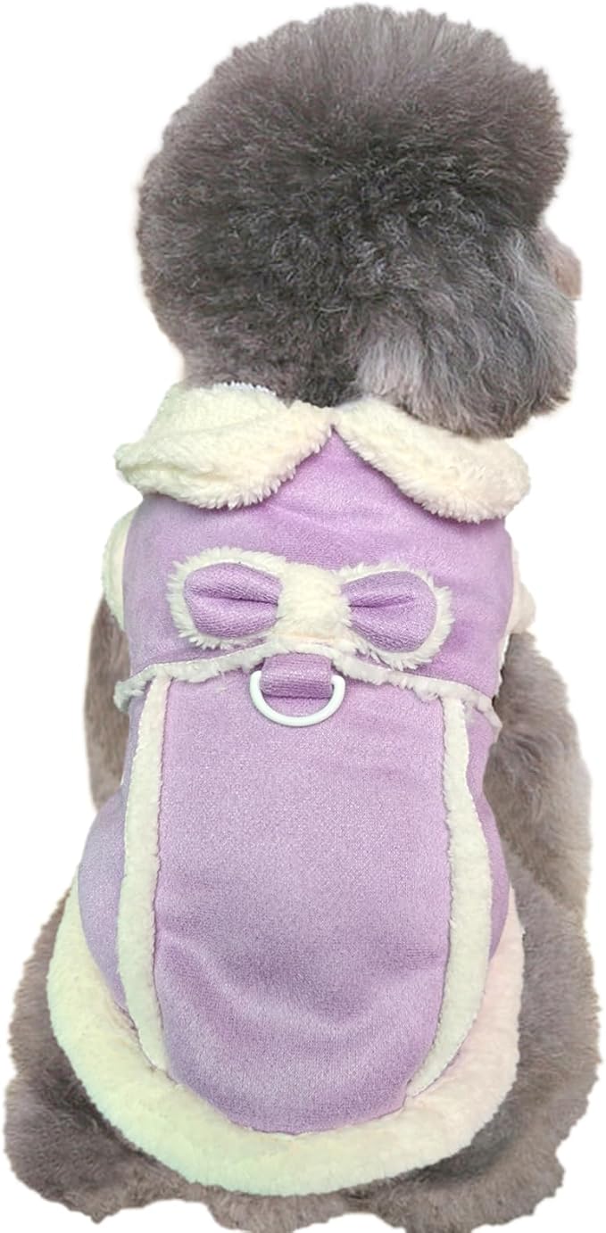 Jecikelon Bowtie Dog Cold Weather Coat Fleece Lining Warm Pet Puppy Turtleneck Dogs Winter Clothes for Small Dogs with D-Ring (Purple, Medium)