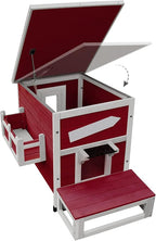 Rockever Outdoor Cat House, Large Outdoor Houses for Feral Cats Wooden Outside Cat Shelter Weatherproof with Escape Door-Red