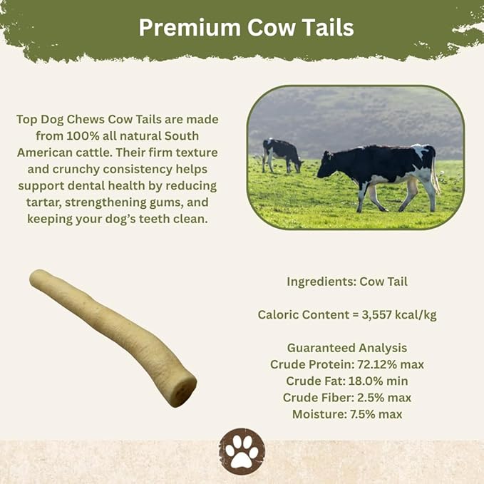 Top Dog Chews - 6 Inch Cow Tails, High-Protein Dog Treats, 100% Naturally Sourced Dog Chew from Free Range Grass-Fed Cattle, Beef Bull Puppy Treats (12 Pack)