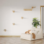 MeowHomm Cat Wall Shelves, Wood Cat Feeding Shelf with 4 Non-Slip Steps, 2 Food Bowls, Wall-Mounted Furniture for Kittens