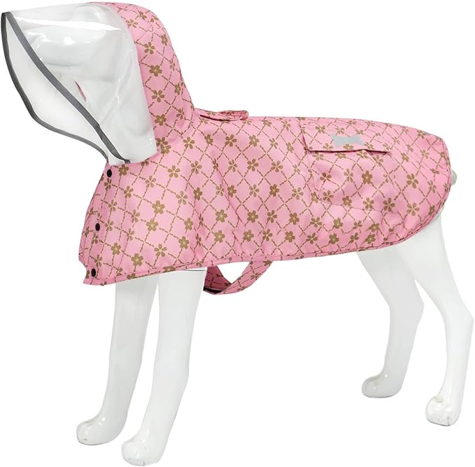 Waterproof Dog Raincoat, Adjustable Reflective Lightweight Pet Rain Clothes with Poncho Hood (Gold Cheery Blossoms Pink, X-Large)