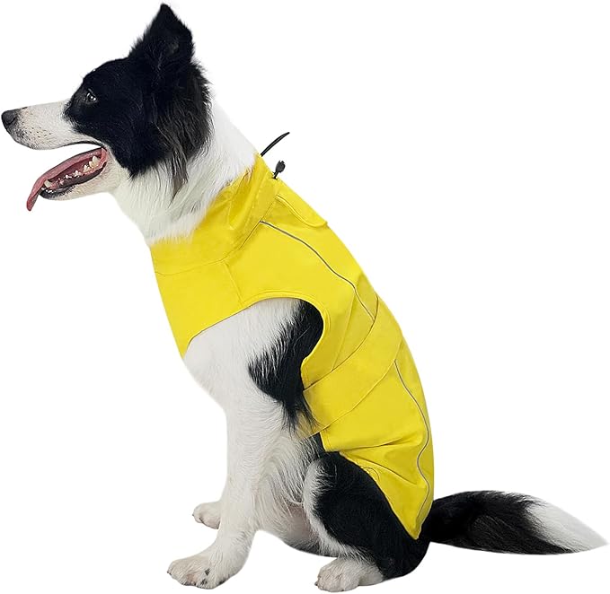 Waterproof Dog Raincoat, Adjustable Lightweight Dog Rain Jacket with Reflective Strip Leash Hole for Small Medium Large Dogs (Yellow, XX-Large(55-77lb))