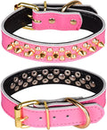 Adjustable Genuine Leather Spiked Studded Dog Collars for Small Medium Large Pets Like Pit Bull Bulldog Pugs Husky (S, Hot Pink2)