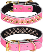 Adjustable Genuine Leather Spiked Studded Dog Collars for Small Medium Large Pets Like Pit Bull Bulldog Pugs Husky (M, Hot Pink2)