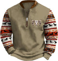 HOTYD Aztec Cowboy Jacket Men Vintage Bullhorn Printed Oversized Western Sweatshirt Long Sleeve Quarter Zip Pullover