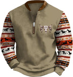 HOTYD Aztec Cowboy Jacket Men Vintage Bullhorn Printed Oversized Western Sweatshirt Long Sleeve Quarter Zip Pullover