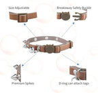 Spiked Cat Collar with Bells, Breakaway Genuine Leather Protective Collar for Kitty, Studs Spikes Punk Style Adjustable for Girl Boy Kittens Small Bunny Rabbit, 10"-12" Brown