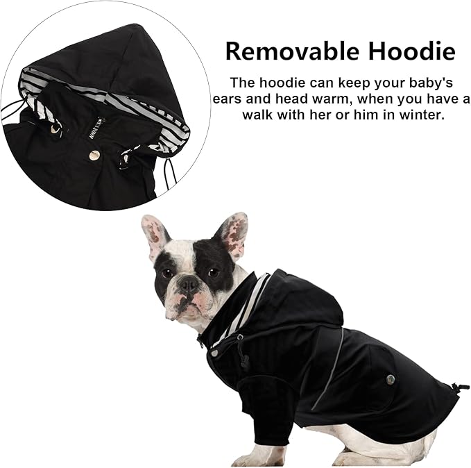 Morezi Dog Zip Up Raincoat with Reflective Buttons, Rain/Water Resistant, Adjustable Drawstring, Removable Hood, Raincoats with Legs 8lbs to 80lbs Available - Black - M