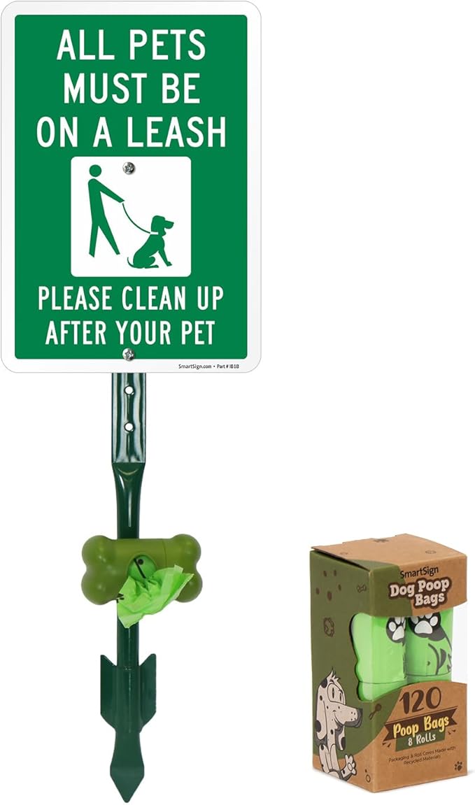 SmartSign All Pets Must Be On A Leash Clean Up After Pet Yard Sign & Clip-On Preloaded Dispenser Combo/Kit with 135 Dog Poop Waste Bags, 7"x10" Rust-proof Aluminum Sign with 18-inch Steel Stake