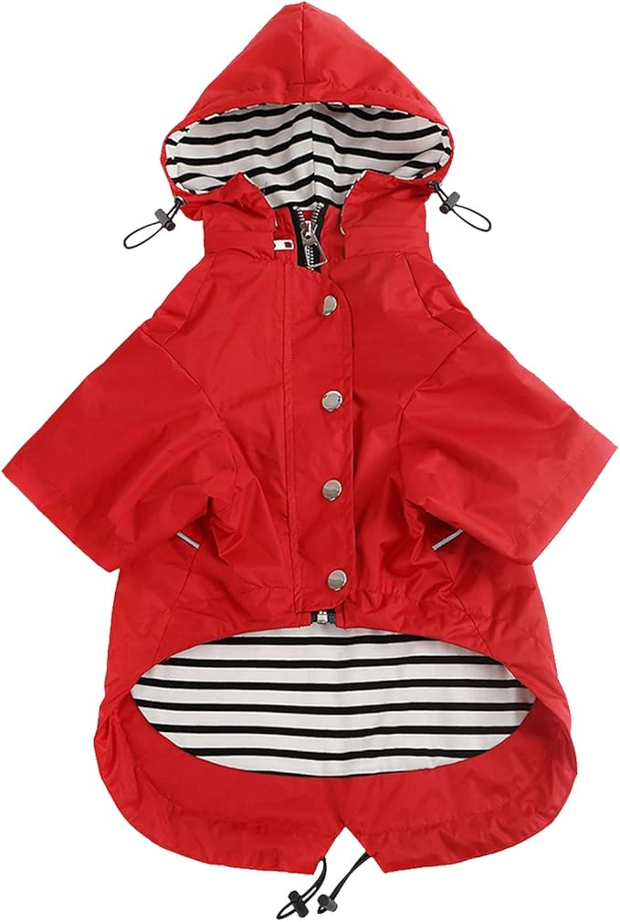 Morezi Dog Zip Up Raincoat with Reflective, Rain/Water Resistant, Adjustable Drawstring, Removable Hood, Raincoats with Legs 8lbs to 80lbs Available - Red - M