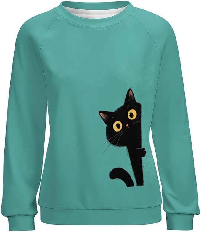 Abstract Cute Cat Shirts for Women Long Sleeve Lady Crewneck Pullover Sweatshirt Fall Winter Oversized Tops