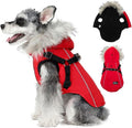 PINA Winter Coat - Dog Jacket with Waterproof Fabric, Warm Faux Fur Hood, Reflective Strap - Red, XL