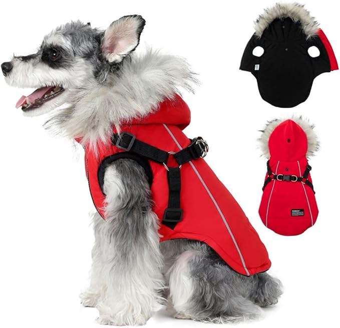 PINA Winter Coat for Dogs, Jacket with Waterproof Fabric, Faux Fur Hood, Reflective Strap, Red, S
