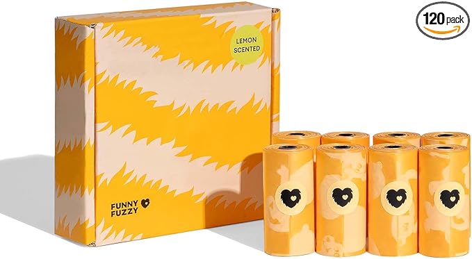 FUNNY FUZZY Dog Poop Bags – Leak proof, Tear-Resistant Pet Waste Bags Made with EPI Material, Easy to Open for Walks or Travel, Lemon Scented, 120 Count
