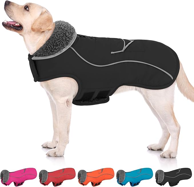 SUNFURA Dog Coat, Warm Dog Coat XXL Puffer Jacket with Harness Hole, Reflective Pet Snow Jacket Turtleneck Fleece Vest for Weimaraner, Labrador, Golden Retriever, Black 2XL
