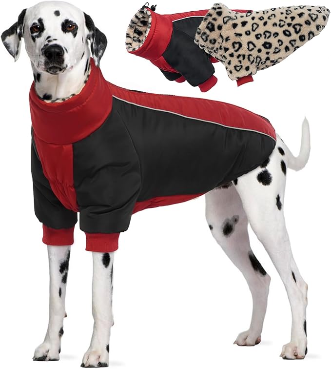 IDOMIK Reversible Dog Winter Coat, Thick Warm Dog Coat with Leopard Fleece Lining&Zipper, Adjustable High Collar Waterproof Jacket, Reflective Pet Cold Weather Coats for Large Dogs,Red,2XL