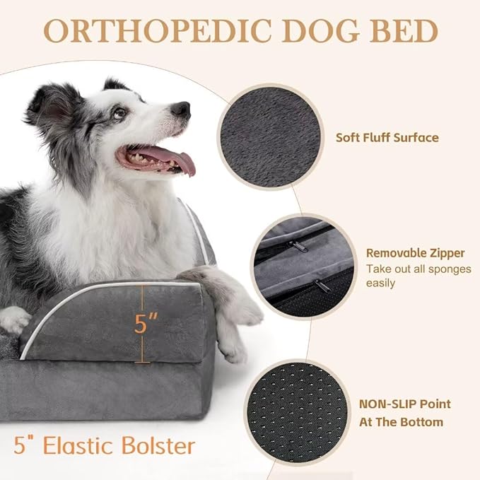 Comfort Expression Orthopedic Dog Bed for Extra Large Dogs 42x30 Inch, Waterproof Supportive Memory Foam XL Pet Bed with Removable Bolster, Dog Couch with Washable Cover & Non-Slip Bottom, Leaden Grey