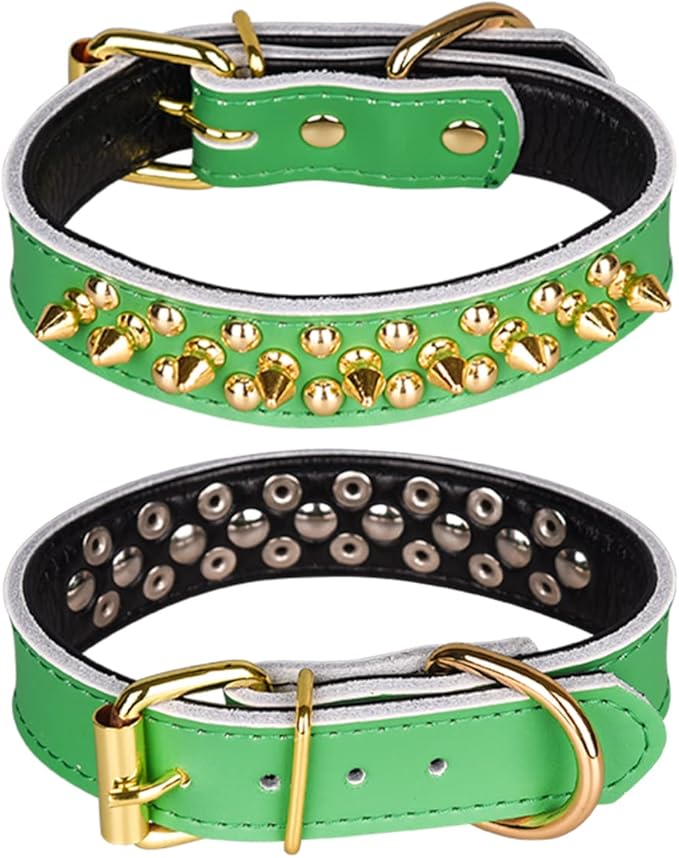 Adjustable Genuine Leather Spiked Studded Dog Collars for Small Medium Large Pets Like Pit Bull Bulldog Pugs Husky (L, Green2)