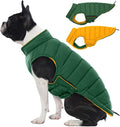 Lelepet Reversible Dog Coat Waterproof Dog Jacket Windproof Puffer Vest for Winter Warm Lightweight Coats for Small Dogs Adjustbale Hook & Loop Pet Apparel with Leash Hole, Pug, Green, M