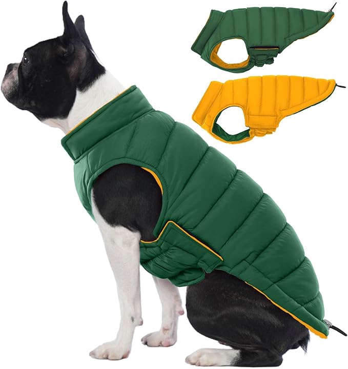 Lelepet Reversible Dog Coat Waterproof Dog Jacket Windproof Puffer Vest for Winter Warm Lightweight Coats for Small Dogs Adjustbale Hook & Loop Pet Apparel with Leash Hole, Shih Tzu, Green, S