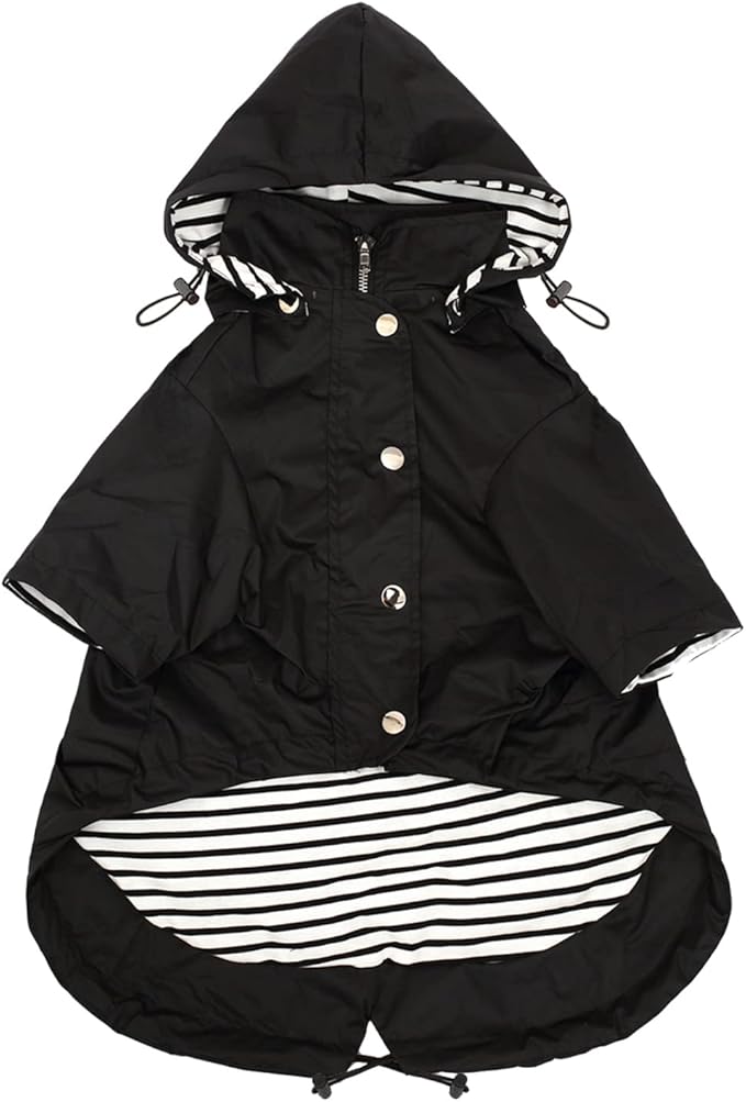 Morezi Dog Zip Up Raincoat with Reflective Buttons, Rain/Water Resistant, Adjustable Drawstring, Removable Hood, Raincoats with Legs 8lbs to 80lbs Available - Black - M