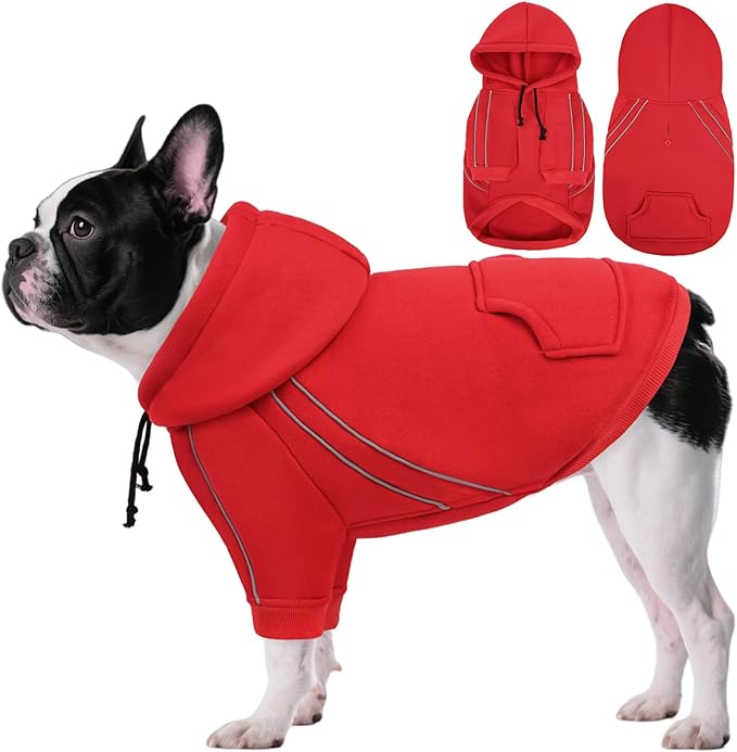 ASENKU Cozy Dog Hoodie，Soft Sweater with Adjustable Hood, Back Pocket and Leash Access Hole，Warm Reflective Sweatshirt for Cold Weather（Red，XS