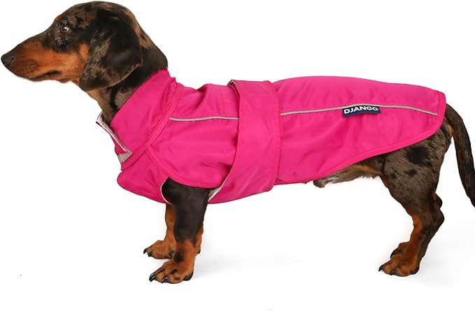 DJANGO Dog Jacket & Raincoat – Lightweight Water-Resistant Coat for Small, Medium & Long Dogs Like Dachshunds – Reflective, Adjustable Fit, Harness-Compatible & Easy-Access Harness Hole - Pink, Medium
