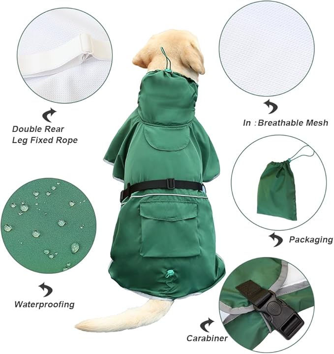 Waterproof Dog Raincoat Hooded Slicker Poncho Raincoat for Medium Large Dogs, Adjustable Dog Rain Coat Jacket(Green, 6XL)