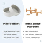 SPUNKYJUNKY 15° Slanted Ceramic Dog and Cat Bowl with Wooden Stand, Tilted Bulldog Food and Water Bowl No Slip Non-Spill for Cats Medium Dogs Big Face Pets 28.7 OZ (3.6 Cups, Grey × 2)