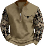 HOTYD Aztec Cowboy Jacket Men Vintage Bullhorn Printed Oversized Western Sweatshirt Long Sleeve Quarter Zip Pullover