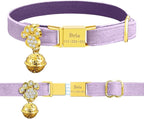 Personalized Breakaway Cat Collars - Magnetic Buckle, Bell - Safety Quick Release, Customized for Girls & Boys Cats- (Velvet-Light Purple)