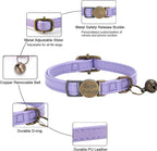 Cat Collar Breakaway, Personalized Leather Cat Collar with Bells-Adjustable Customized Collar with Name & Phone Number Tag for Girl Boy Cats-Quick Release Buckle for Cats & Kittens(Purple)