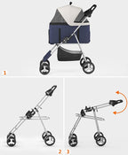 Pet Stroller with 4 Wheels for Small/Medium Pets,Travel Foldable Detachable Carrier for Dog Cat Cage Jogger Stroller, Rear Wheel Breaks, Storage Basket, Visible Mesh Weather Cover (Navy Blue)