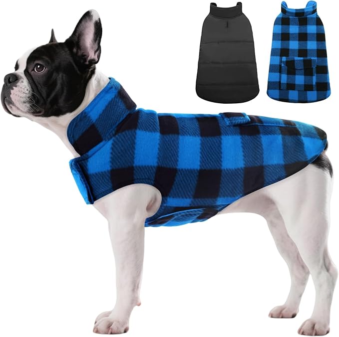 ASENKU Dog Winter Coat, Fleece Doggie Jacket Plaid Reversible Vest Waterproof Windproof Cold Weather Clothes for Small Medium Large Dogs (Blue, XL)