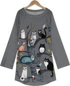 Womens Tunic Shirt Cute Cat Print Long Sleeve Round Neck Women T Shirts Cotton Casual Plus Size Vacation Tunics Tops