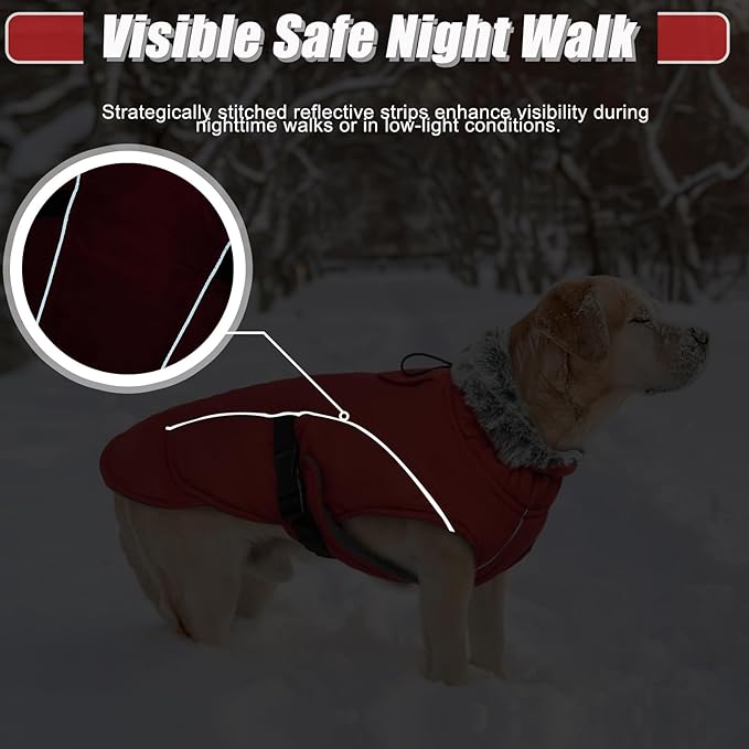 DENTRUN Large Dog Coat - Thick Fleece Lined Reflective Winter Jacket, Snap Closure & Leash Hole, Warm Thick Fleece Lined, Plush Turtleneck Vest for German Shepherd, Red, XXL