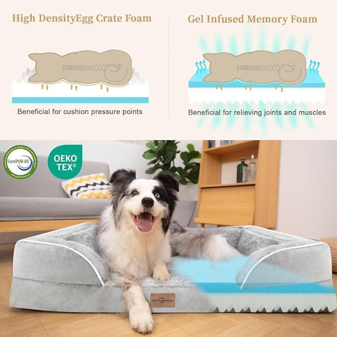 Comfort Expression Orthopedic Dog Bed for Extra Large Dogs 45x35 Inch, Waterproof Supportive Memory Foam XL Pet Bed with Removable Bolsters, Dog Couch with Washable Cover & Non-Slip Bottom, Light Grey